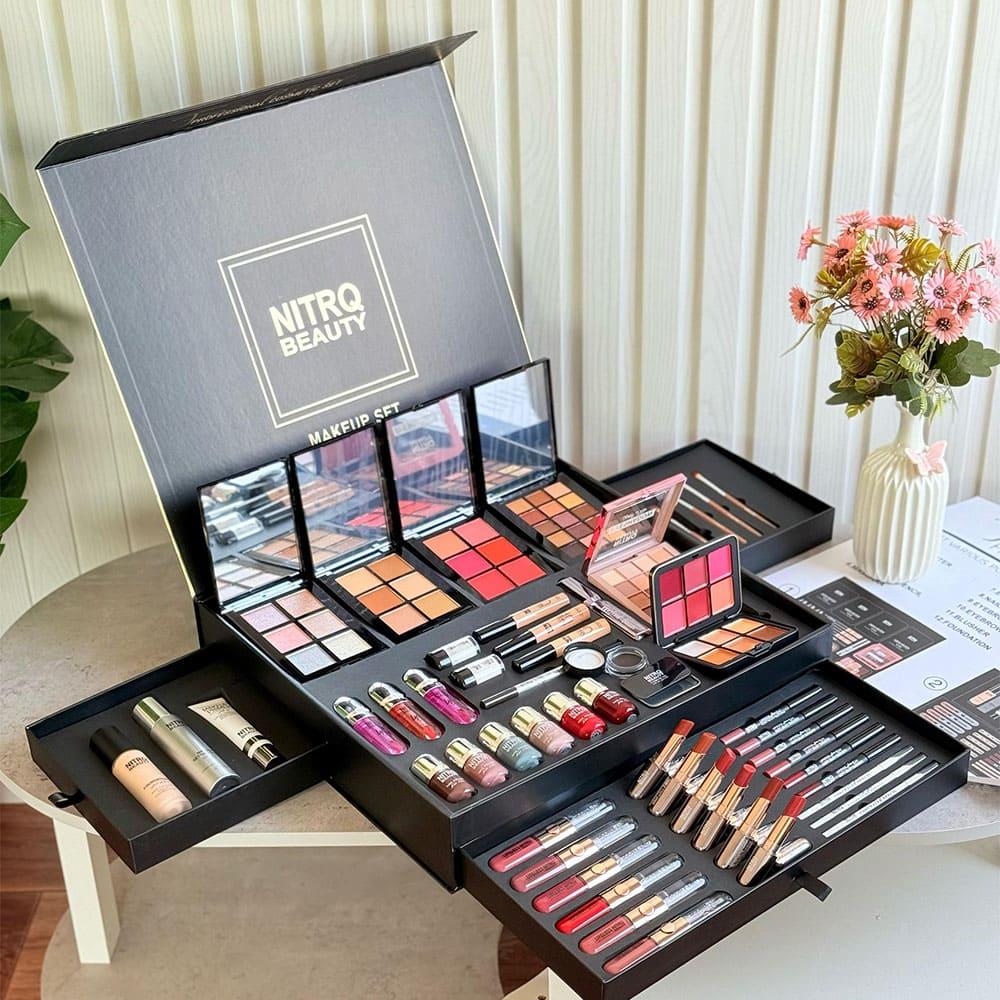 Velora makeup collection arranged on a soft neutral surface